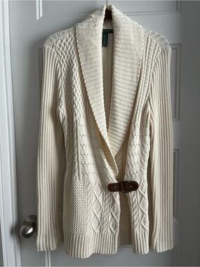 Ralph Lauren Cream Cable-Knit Shawl Collar Cardigan with Leather Buckle